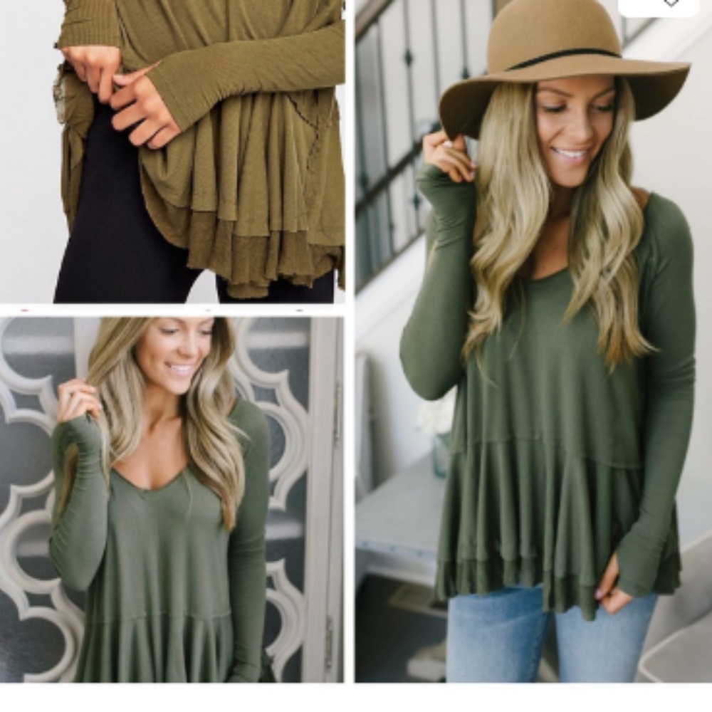 Free People Long Sleeve T Shirt Green V Neck Oversized Relaxed Fit Top Boho Chic - Picture 2 of 7